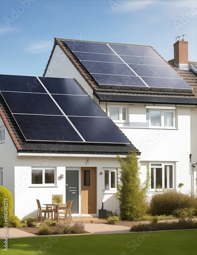 Solar panels generating electricity on a house with a plain gradient background. Photovoltaics. Renewable energy. Generated AI.