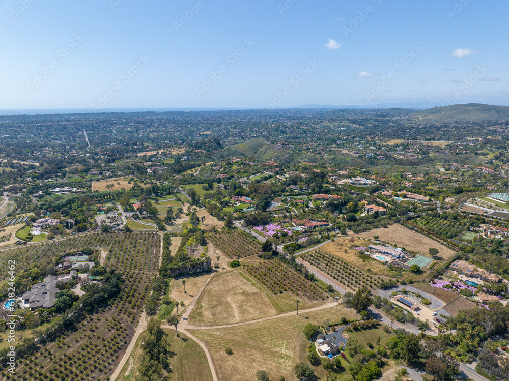 Aerial view over Rancho Santa Fe green valley landscape in San Diego, California, USA