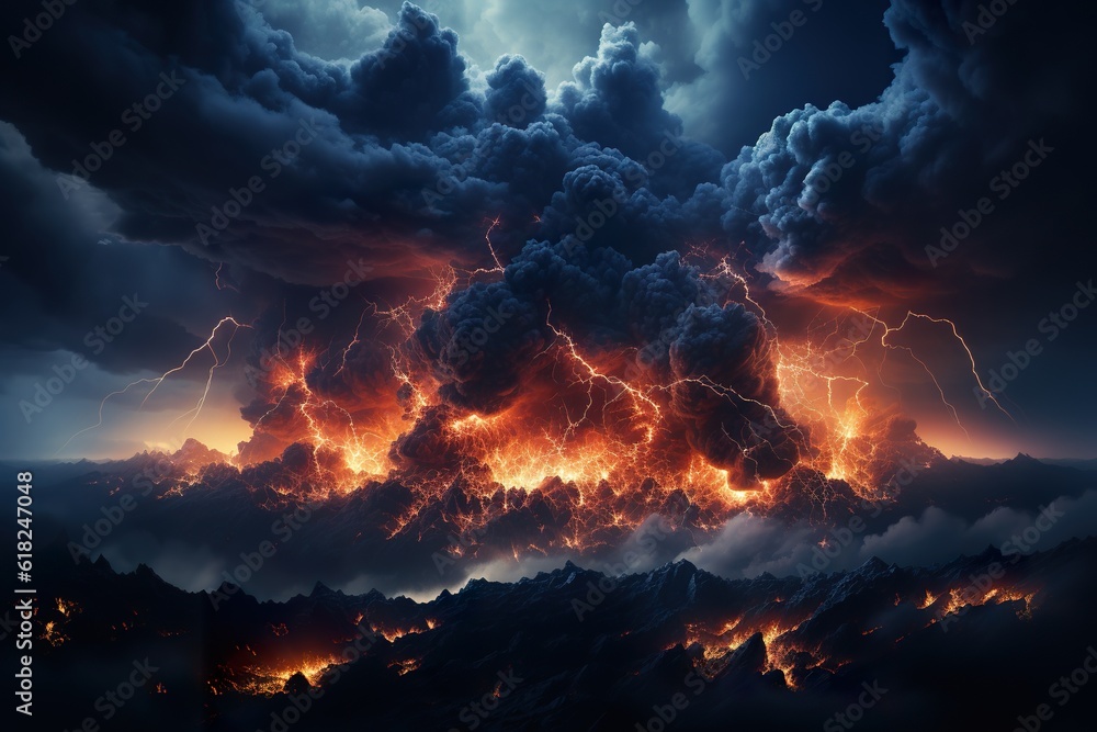 Dramatic blue sky with clouds with lightning storm. Ai generative Art.