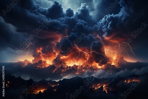 Dramatic blue sky with clouds with lightning storm. Ai generative Art.