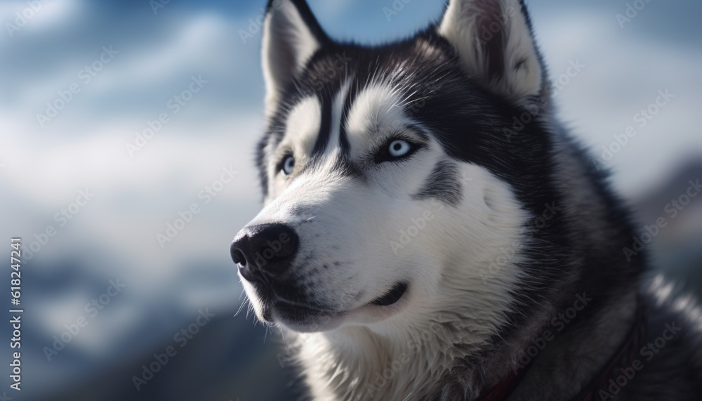 Fluffy sled dog sits in snow, loyal generated by AI