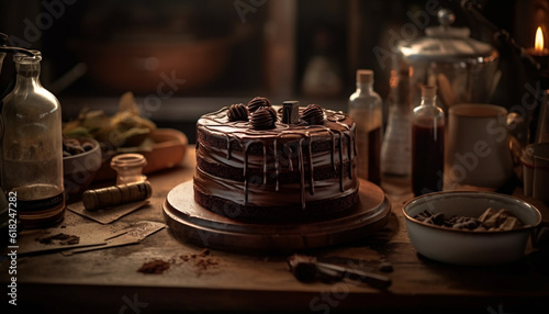 A homemade dark chocolate cheesecake indulgence slice generated by AI