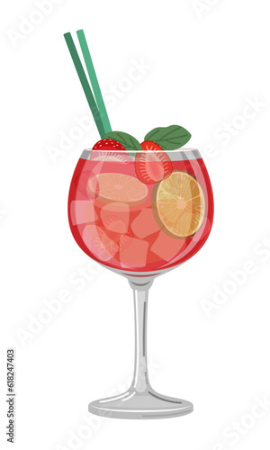 Vector illustration of a pink cocktail with a slice of citrus fruits and strawberries and tubules on a white background in a flat style. Suitable for menu design, food stickers, scrapbooking.