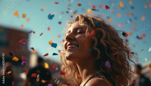 Carefree young women throw confetti, celebrating joyfully generated by AI