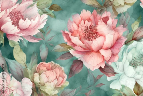 Obraz Wzór z akwarelowymi kwiatami piwonii. Wygenerowane przez sztuczną inteligencję