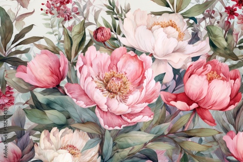 Fototapeta Naklejka Na Ścianę i Meble -  Pattern with watercolor peonies, beautiful colorful peony flowers, digital background. Generative Ai