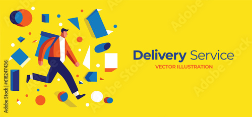 Delivery service concept. Man courier, delivery food to customer copy space. Flat cartoon character in running with special insulated backpack. Vector.