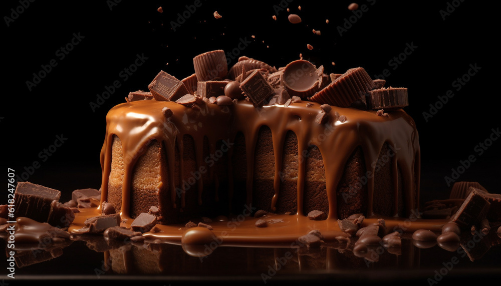 Indulgent dark chocolate cake slice, homemade and decadent generated by AI