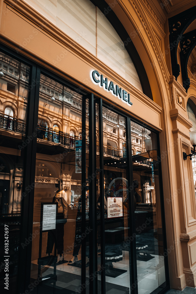 Classy aesthetic Chanel logotype.Boutique entrance. Chanel is a fashion house founded in 1909 specialized in haute couture goods. Stock Photo Adobe Stock