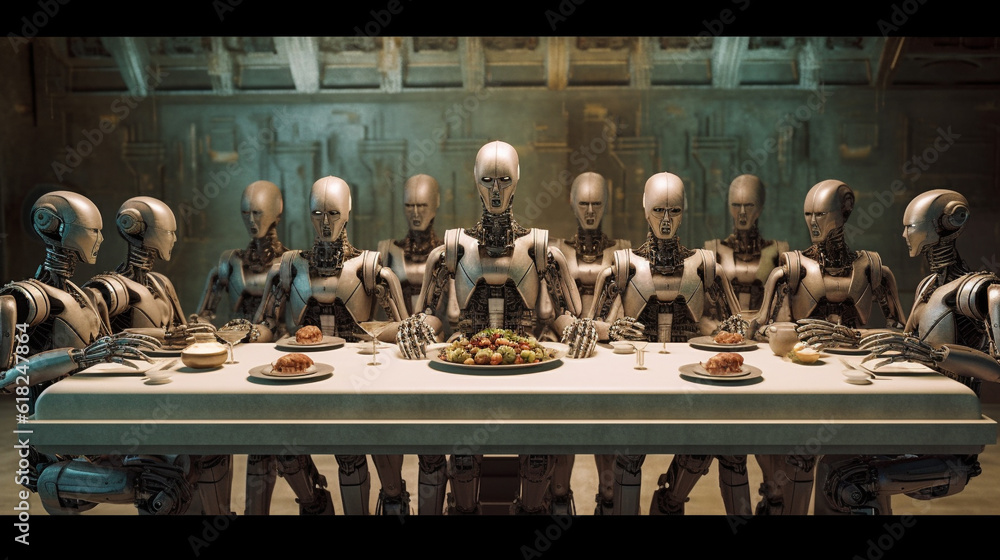 Futuristic reinterpretation of the Last Supper.