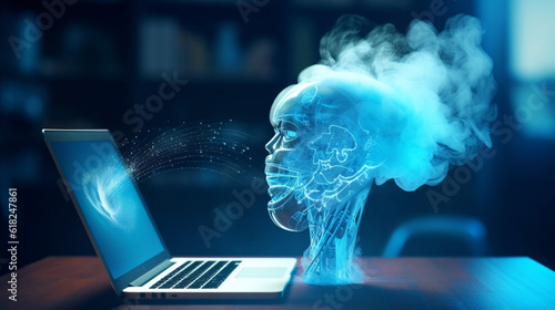 An AI robot materializing from a blue whispy smoke over a laptop. photo
