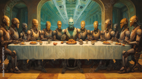 Futuristic reinterpretation of the Last Supper in the style of Leonardo da Vinci.