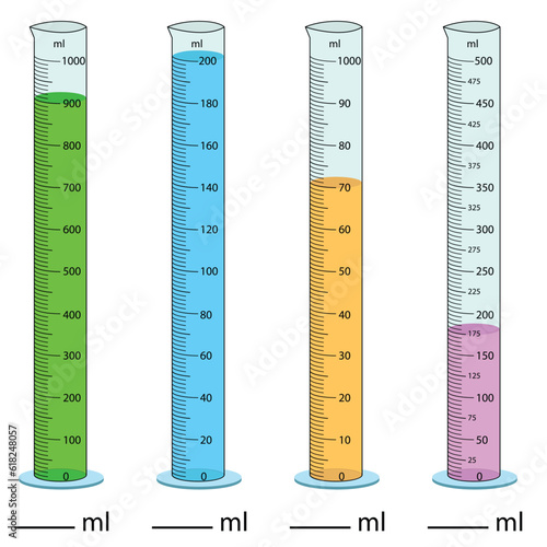  Measuring cylinder. Vector illustration. Cylinder graduated tube vector glass chemistry measuring volume. Measuring the volume of the beaker. Measuring activity. Graduated Cylinder