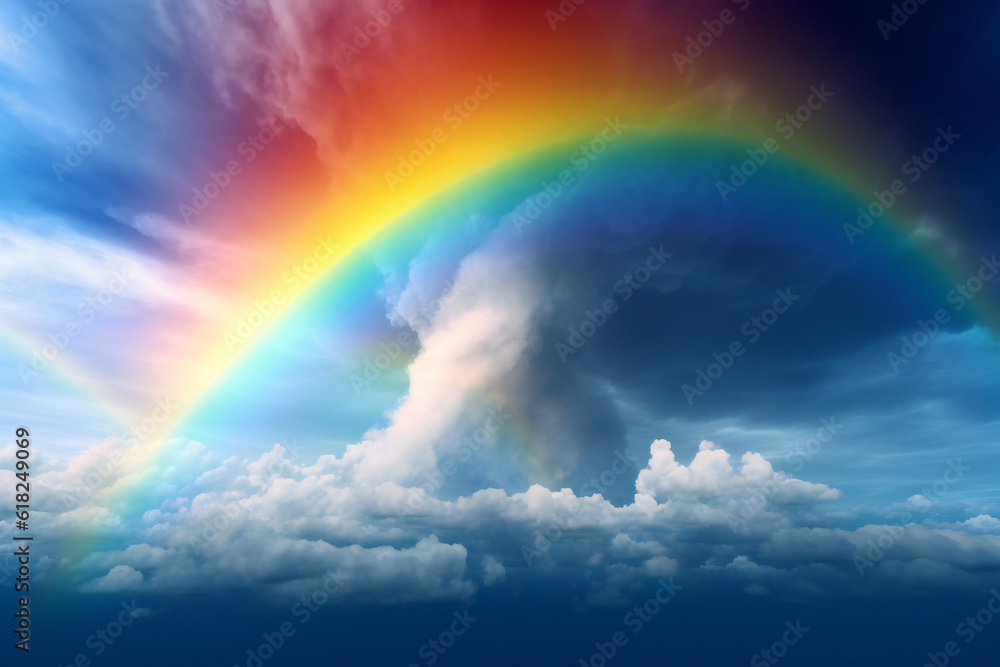 A rainbow is surrounded by clouds and the sky is colored generative AI