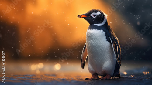 Portrait of a penguin in a snowy landscape. Playful  happy animal. Blurred background. 