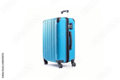 Blue travel suitcase with wheels on a white background.