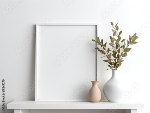 Empty Horizontal Frame Mockup in Modern Minimalist Interior with Plant