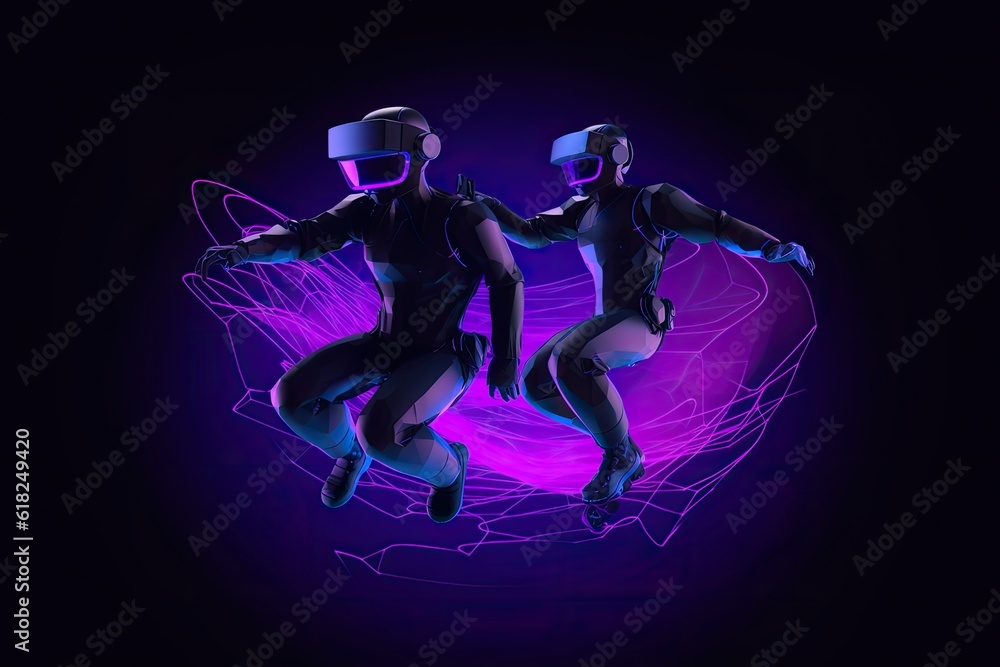 People in helmets and protective suits and follows the virtual reality. People in helmets and protective suits and follows the virtual reality.