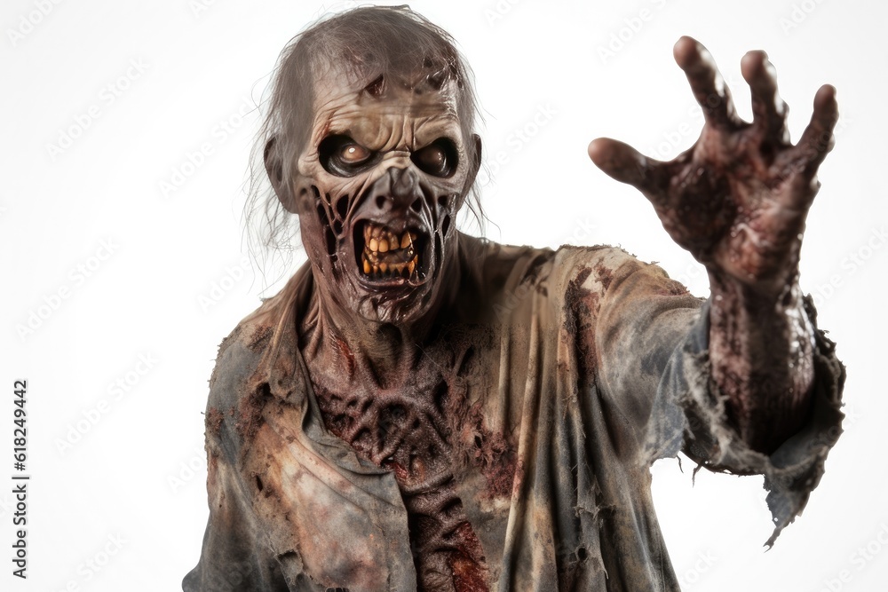 Infernal Zombie stretches out his hand on a white background. Infernal Zombie stretches out his hand on a white background.