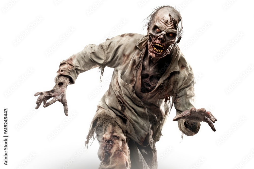 Running terrible Zombie on a white background.
