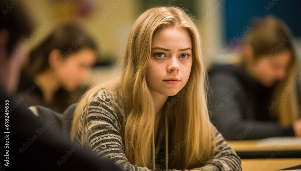Smiling students in classroom, learning and studying generated by AI Smiling students in classroom, learning and studying generated by AI