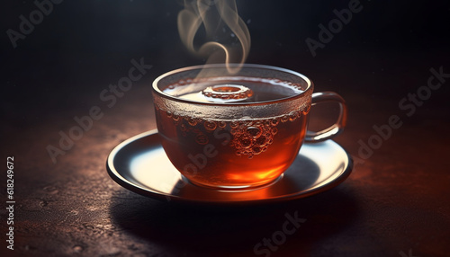 Fresh coffee steam rises from elegant glass mug generated by AI