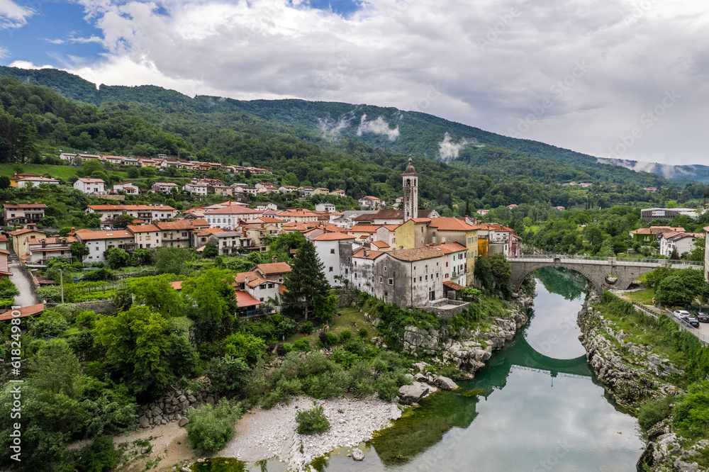 Kanal na Soci aerial drone townscape, Slovenia