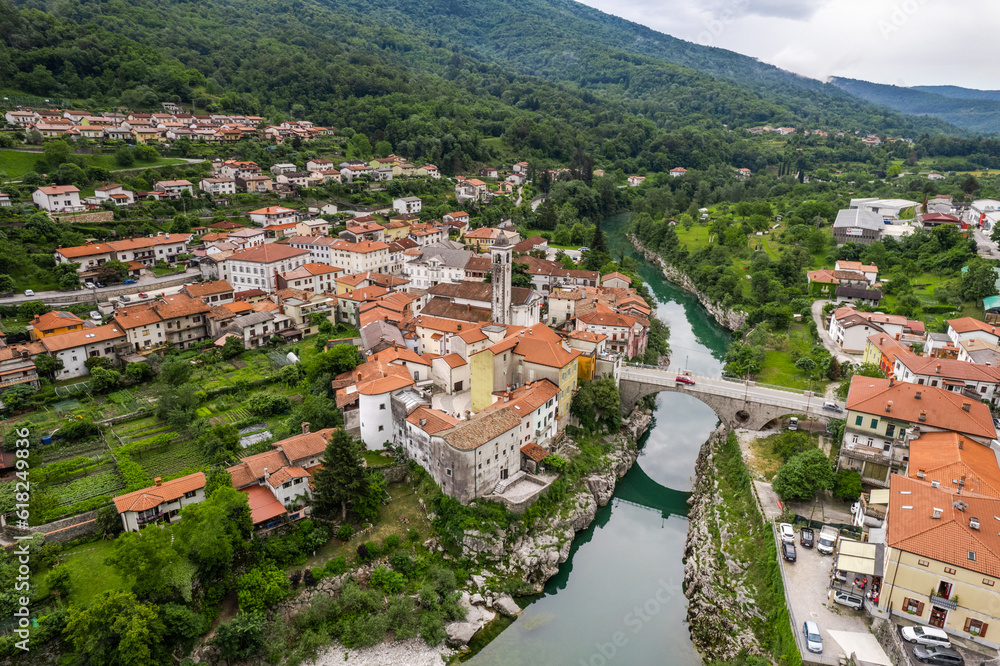 Kanal na Soci aerial drone townscape, Slovenia