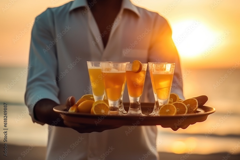 Waiter serving orange juice on a tray Summer beach sun Waiter serving orange juice on a tray Summer beach sun