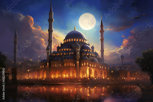 A painting of a mosque with a crescent moon in the background generative AI