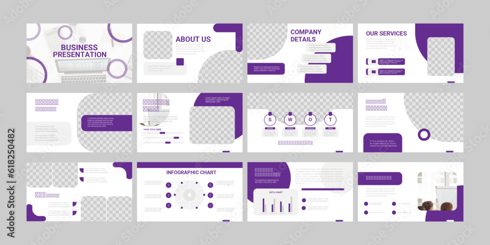 Presentation template, Purple and gray infographic elements on white background. Vector slide template for business project presentations and marketing.Editable file format