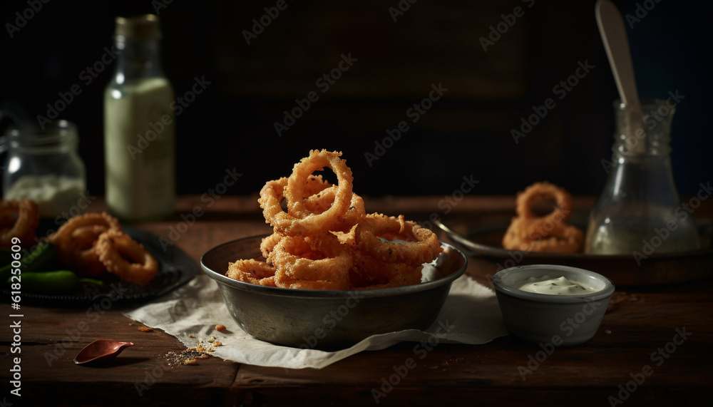 Deep fried seafood on rustic wooden plate generated by AI