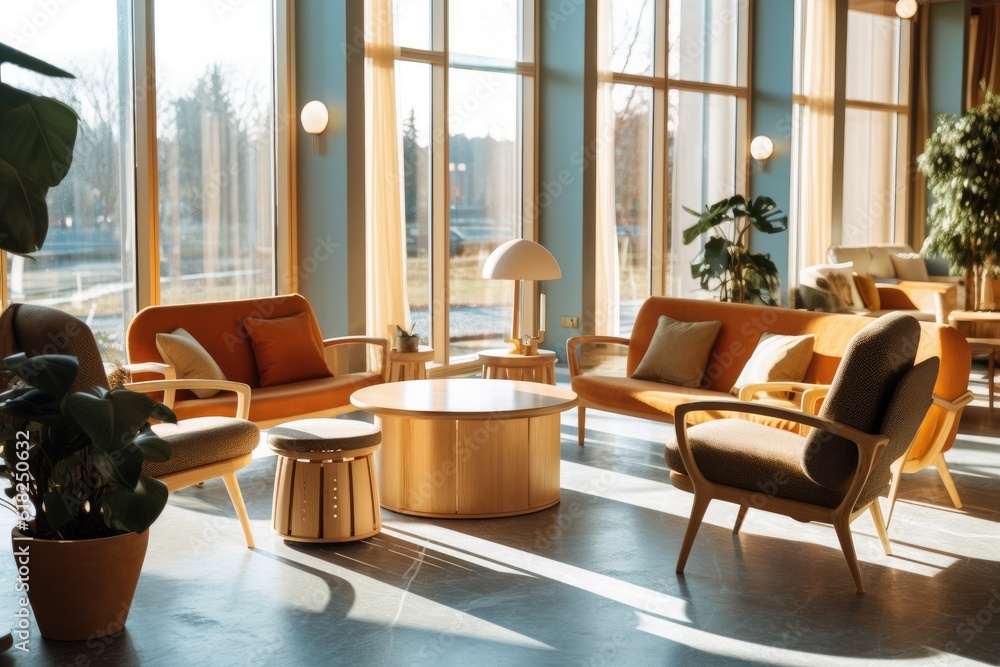 Hotel lobby with Scandinavian style furniture strong Hotel lobby with Scandinavian style furniture strong