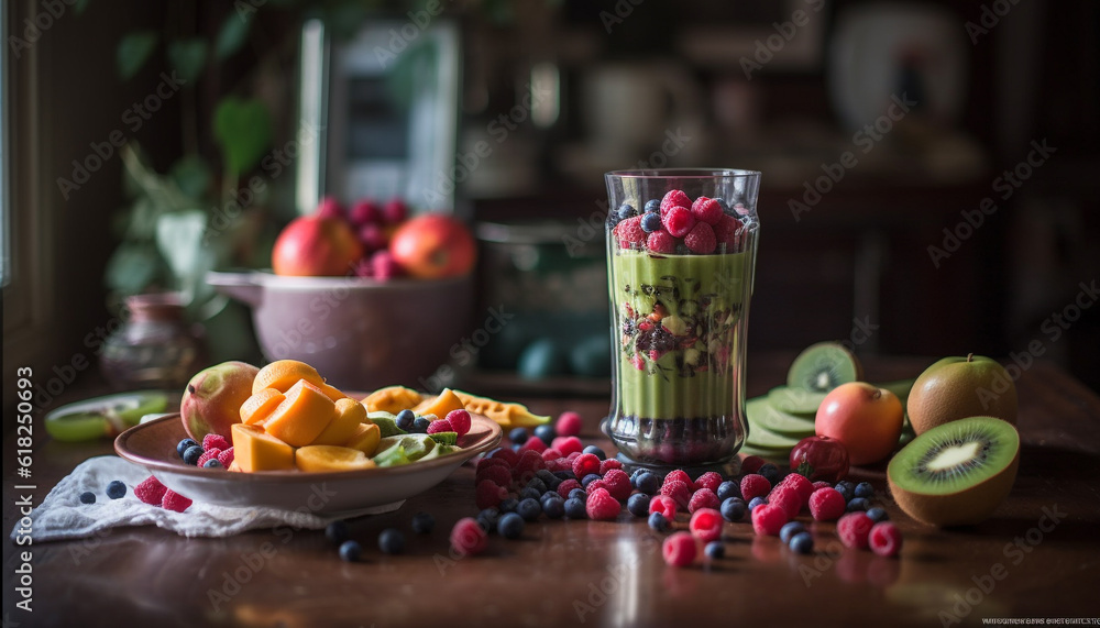 Fototapeta premium Rustic berry bowl: Freshness and healthy eating combined generated by AI