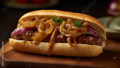 Grilled beef sandwich with onion and ketchup generated by AI