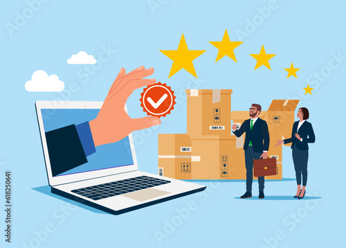 Businessman online holding Quality Control to check quality and giving certified. Modern vector illustration in flat style