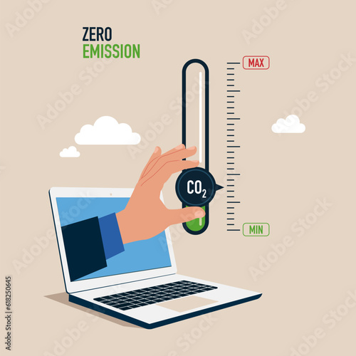 Through the laptop Man turning gauge arrow pointer to lowest level of CO2. New energy to energy and transportation. Zero emission. Vector illustration