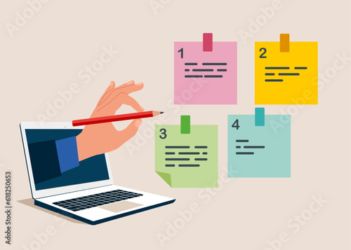 Through the laptop businessman holding pencil categorized sticky notes. Sorting important or urgency tasks, prioritize work for project management. Flat vector illustration.