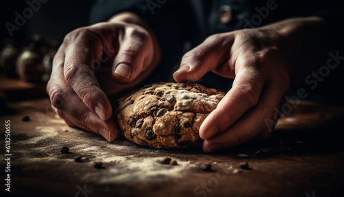 Man hand kneading fresh dough on rustic table generated by AI