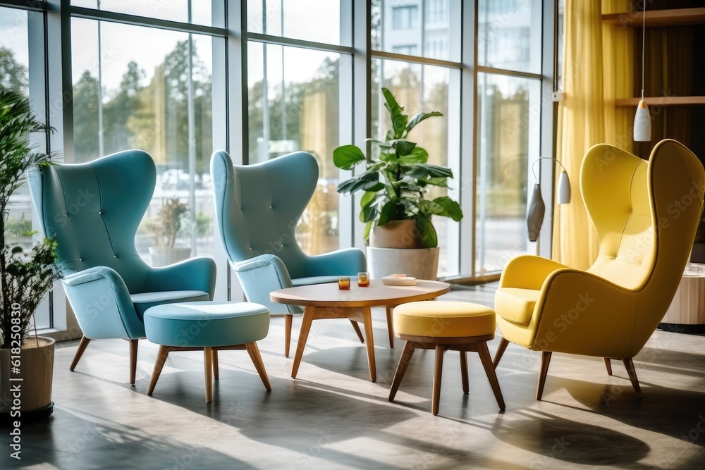 Hotel lobby with Scandinavian style furniture strong Hotel lobby with Scandinavian style furniture strong