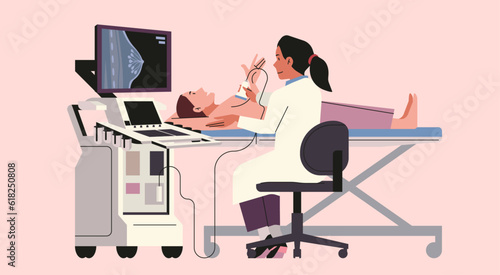 Breast Cancer Screening and Diagnosis Concept, Expert Doctor Performing Ultrasound Technology for Early Detection in Female Patient, Vector flat Illustration