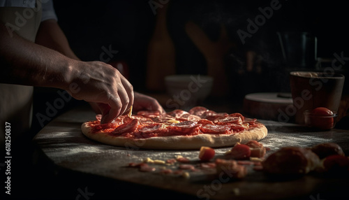 Handmade gourmet pizza baked in rustic pizzeria generated by AI