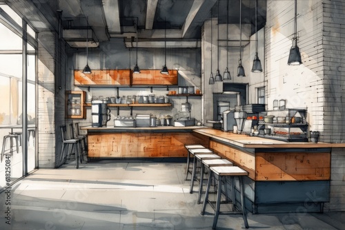 Pencil Sketch with Watercolor Style of Industrial Style Restaurant © Exotic Escape