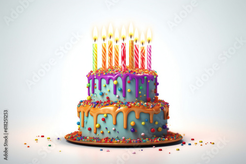 Birthday cake with white drip icing, sprinkles and colorful birthday candles Generative AI