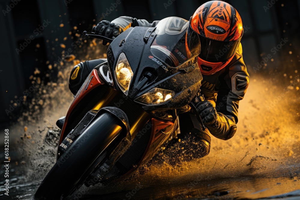A Dynamic Action Shot Of A Motorcycle Rider In Mid-Air. Generative AI A Dynamic Action Shot Of A Motorcycle Rider In Mid-Air. Generative AI