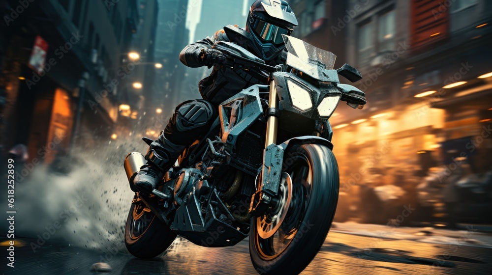 A Dynamic Action Shot Of A Motorcycle Performing A Wheelie On An Urban Street. Generative AI