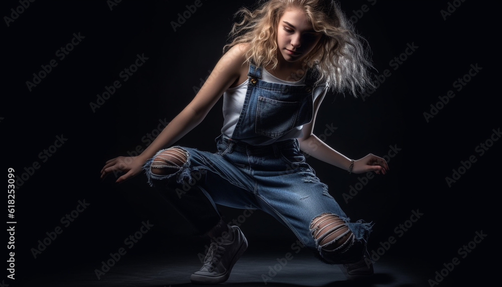 Blond beauty in denim jeans dancing with elegance generated by AI