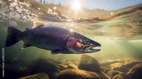 Wild salmon fish swimming in a high mountain river