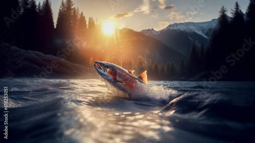 Wild salmon fish jumping from the water and swimming against the current in a high mountain river photo