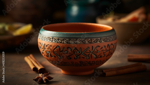 Rustic clay pottery adorns the wooden table generated by AI